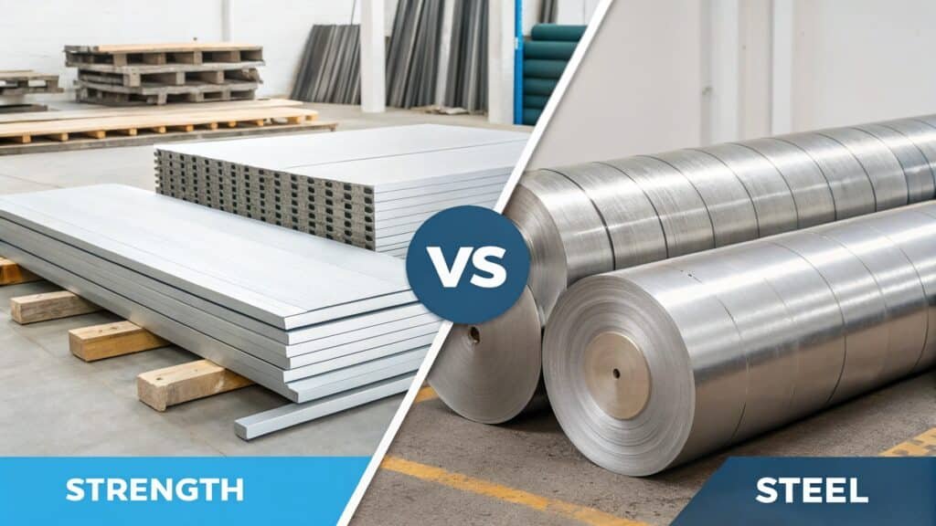 A graphic comparing aluminum alloy and steel, showing a steel bar and an aluminum bar of equal volume, with calculations or representations of density and strength-to-weight ratios.